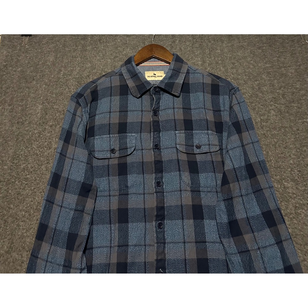 The normal brand flannel shirt blue plaid mens long sleeve cotton casual Large